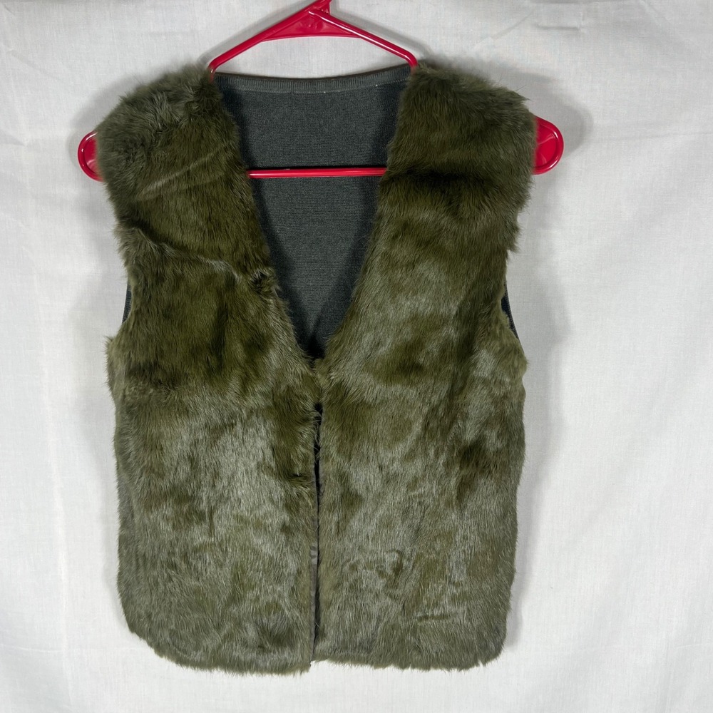 Unbranded Faux Fur Vest Womens Medium Olive Green Knit Back Open Front Layering